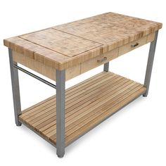 a wooden table with metal legs and drawers on it's side, against a white background