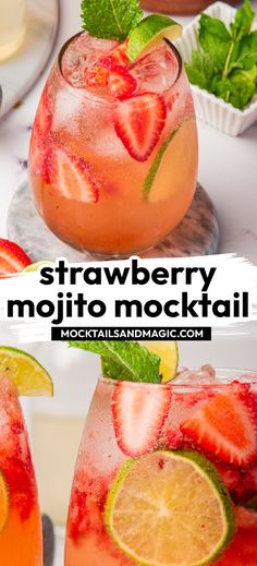 strawberry mojito mocko cocktail with lime and mint garnishes on the rim