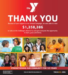 the thank you flyer is shown with images of children and adults in orange, red, and