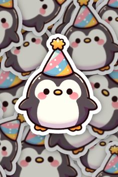 a penguin with a party hat on surrounded by other penguins in the same pattern and colors