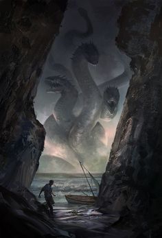 a man standing next to a giant dragon in a cave