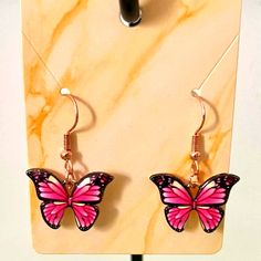 Headbangerz, Pink And Black Butterfly Earrings. Bronze Hypoallergenic Hooks Trendy Pink Hypoallergenic Earrings, Trendy Hypoallergenic Pink Earrings, Trendy Pink Hypoallergenic Jewelry, Summer Pink Pierced Jewelry, Summer Hypoallergenic Pink Jewelry, Adjustable Pink Butterfly Jewelry, Trendy Pink Earrings, Nickel-free Pink Jewelry For Party, Pink Butterfly Earrings For Summer