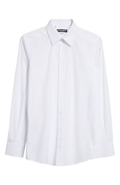 A smart wardrobe essential, this Italian-crafted shirt is cut from pure cotton poplin for a crisp look and easy movement. 30" length; 40 1/2" chest (size 40) Raised placket Point collar Long sleeves with button cuffs 100% cotton Machine wash, line dry Made in Italy Designer Clothing Elegant Long Sleeve Poplin Shirt, Modern Cotton Dress Shirt With Concealed Placket, Modern White Cotton Dress Shirt, Cotton Dress Shirt With Concealed Placket For Daywear, Elegant Button-up Poplin Shirt, White Poplin Button-up Shirt, Classic Long Sleeve Poplin Dress Shirt, Elegant Poplin Shirt With Button Cuffs, White Poplin Shirt For Work