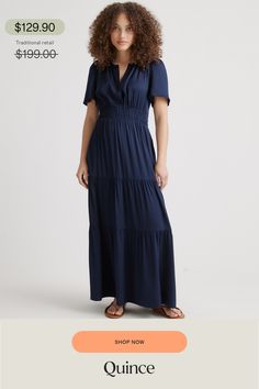 This tiered maxi goes with the flow thanks to its fluid tiered silhouette and flexibility to dress up or dress down. Short sleeves make it wearable year-round, and a smocked waistband gives it an extra-comfortable fit. Our bestselling premium mulberry silk with a hint of stretch is low-maintenance and washable. Plus, silk fiber contains 18 kinds of amino acids that make it amazing for skin nourishment, hypo-allergenic, and naturally thermoregulating to help maintain body temperature.  | Quince | Beach Tiered Maxi Dress With Elastic Waistband, Beach Maxi Dress With Elastic Waistband And Tiered Shape, Beach Maxi Dress With Elastic Waistband And Tiered Design, Flowy Ruched Maxi Dress In Viscose, Flowy Ruched Tiered Skirt Maxi Dress, Beach Maxi Dress With Tiered Skirt And Elastic Waistband, Flowy Rayon Tiered Maxi Dress, Tiered Maxi Dress With Smocked Back And Flowy Skirt, Flowy Rayon Maxi Dress With Tiered Skirt