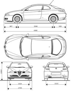 an image of a car with measurements for the front and side view, from above