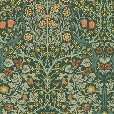 an intricately designed wallpaper with flowers and leaves in green, orange and yellow colors