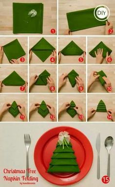 how to make christmas tree napkins out of green paper - step by step instructions