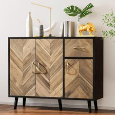 a wooden cabinet with two doors and three drawers on the bottom, next to a potted plant