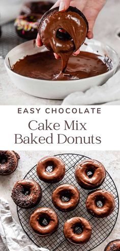 chocolate cake mix baked donuts on a cooling rack and then being drizzled with chocolate