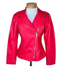 V Cristina Faux Red Leather Moto Jacket With Gold Colored Hardware Small Nwt New With Tags Asymmetrical Front Zipper 2 Zippered Chest Pockets Epaulettes On The Shoulders Fully Lined In An Animal Print Approximate Measurements Laying Flat: Armpit To Armpit 17” Length From Shoulder To Bottom Front 22”, Bottom Back 21” New With Tags In Excellent Condition Red Leather Jacket With Zipper For Work, Red Fitted Leather Jacket For Spring, Fitted Red Leather Jacket For Spring, Red Edgy Outerwear With Zipper Closure, Chic Red Fitted Biker Jacket, Red Moto Outerwear With Zipper Closure, Spring Biker Jacket With Asymmetrical Zip, Trendy Spring Biker Jacket With Side Zipper, Red Moto Outerwear