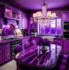 purple kitchen with chandelier and glass table