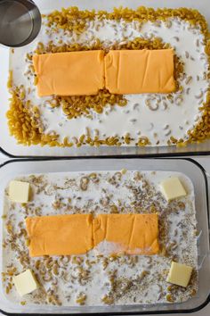 two trays filled with food and cheese on top of each other