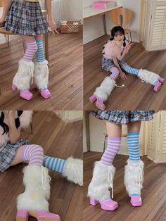 Option: White leg warmers only, Pink leg warmers only, Purple white stockings, Blue white stockings, Hot pink stockings Hot Pink Leg Warmers, Messy Fashion, Cutesy Fashion, Pink Leg Warmers, Stars Y2k, Candy Stars, White Leg Warmers, Pink Stockings, Leg Warmers Outfit