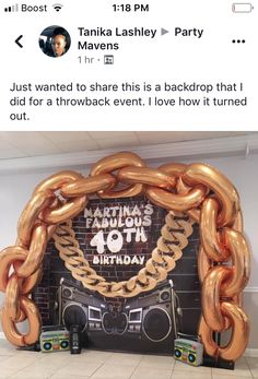 an image of a birthday party with giant gold chains on the front and back of it