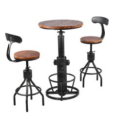 three stools and a table with a wooden top in black metal, against a white background