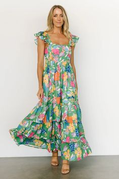 Monte Tiered Maxi Dress | Green Multi | Baltic Born Multicolor Square Neck Maxi Dress For Beach, Multicolor Fitted Maxi Dress With Square Neck, Fitted Multicolor Maxi Dress With Square Neck, Summer Multicolor Square Neck Maxi Dress, Casual Multicolor Maxi Dress With Square Neck, Multicolor Square Neck Dress With Smocked Back, Casual Multicolor Square Neck Maxi Dress, Multicolor Maxi Dress With Smocked Back For Garden Party, Sleeveless Multicolor Maxi Dress With Smocked Back