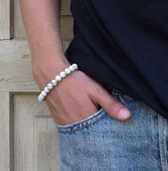 Men's bracelet, White bracelet men, Beaded bracelet men, Adjustable bracelet, White howlite, Healing bracelet men, Fathers day gift An adjustable natural gemstone bracelet made with 5 mm white howlite gemstone beads. The beads have a a white powdery color palette with gray streaks and come with a whole host of healing benefits that soothes the body, mind, and spirit. The bracelet is super comfortable, adjustable and will fit any wrist. ⊹ D e t a i l s White howlite Adjustable length: 22-30 cm | 8.66-11.811 inch All jewelry arrive in gift boxes For more men's bracelets: https://www.etsy.com/il-en/shop/closeupjewelry?ref=profile_header§ion_id=39833704 Thanks for stopping by, Tamar Color Palette With Gray, Men Beaded Bracelet, Gray Streaks, Mens Earrings Hoop, White Bracelet, Hippie Bracelets, White Bracelets, Bracelet Men, White Howlite