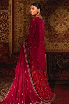 Ghazal (On Advance Payment)– Zaaviay Festive Pink Tussar Silk Kurta, Transitional Pink Silk Kurta, Transitional Silk Pink Kurta, Traditional Tussar Silk Sharara With Dabka, Festive Silk Traditional Wear With Naqshi, Formal Sharara With Naqshi In Traditional Drape, Red Silk Sharara With Dabka Detailing, Pink Naqshi Lehenga, Pink Art Silk Sharara With Dabka