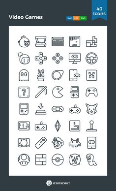 the video games icon set is shown in black and white