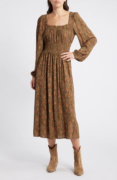 Treasure & Bond Floral Long Sleeve Smock Waist Dress | Nordstrom Long Sleeve Smock Dress, Prairie Dresses, Family Photo Outfit Ideas, Shirred Waist Dress, Family Photo Outfit, Staple Dress, Squared Neckline, Photo Outfit Ideas, Prairie Style