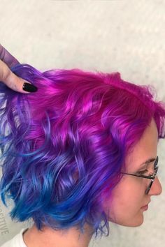 Blue And Purple Tips Hair, Pink Blue Hair Ombre, Purple And Blue Hair Short, Vibrant Hair Dye Ideas, Pink And Purple Pixie Hair, Blue Toned Purple Hair, Pink And Blue Short Hair, Blue And Magenta Hair, Pink Roots Purple Hair