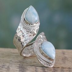 Larimar wrap ring, 'Dreamy Duo' - Wrap Style Ring in Sterling Silver with Larimar Gems Moonstone Wedding Band, Silver Engagement Ring, Sterling Silver Engagement Rings, Wedding Band Ring, Silver Engagement Rings, Wrap Rings, Jewelry Party, Silver Bracelets, Band Ring