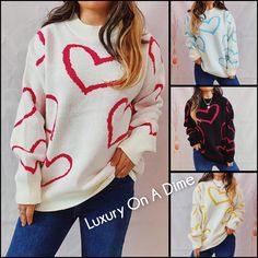 Trendy Winter Sweater With Heart Graphic, Trendy Heart Print Sweater For Winter, Trendy Fall Sweater With Heart Print, Winter Sweater With Heart Graphic, Trendy Winter Sweater With Heart Design, Winter Heart Print Sweater, Winter Heart-shaped Sweater With Heart Print, Winter Heart Graphic Sweater, White Heart Sweater For Winter