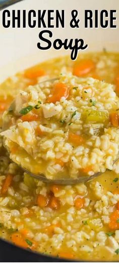 a spoon full of chicken and rice soup in a white bowl with the title above it