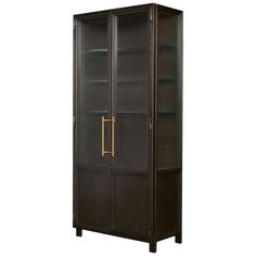 a tall glass door cabinet with gold handles