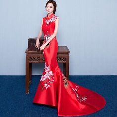 Top Rated Cheongsam QiPao Chinese Women Wedding Dress Embroidery Evening Party Long Dress, Womens Clothing Qipao Wedding Dress, Mermaid Wedding Dress Lace, Cheongsam Wedding, Wedding Qipao, Wedding Cheongsam, Qipao Wedding, Red Qipao, Wedding Dress Modern, Red Wedding Dress