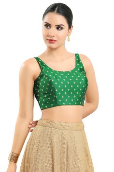 Buy Women's Green Art Silk Readymade Saree Blouse Online Festive Sleeveless Silk Choli, Festive Sleeveless Summer Crop Top, Festive Sleeveless Crop Top For Summer, Sleeveless Silk Choli For Festivals, Sleeveless Silk Crop Top For Party, Elegant Sleeveless Green Choli, Festive Sleeveless Crop Top, Sleeveless Green Choli For Party, Green Sleeveless Vest Blouse