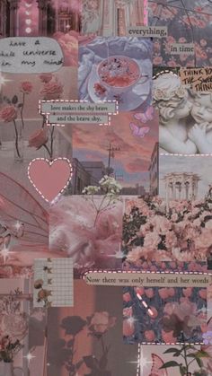 a collage of pink flowers and hearts