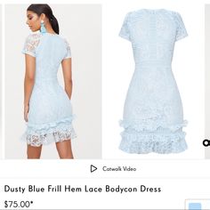 Blue Lace Dress. New With Tags Size 4 Elegant Light Blue Mini Dress For Casual Occasions, Light Blue Fitted Lace Dress For Spring, Fitted Light Blue Dress With Lace Trim, Blue Ruffled Lace Dress, Blue Lace Dress With Ruffles For Summer, Light Blue Lace Dress With Lace Trim For Party, Blue Party Dress With Lace Trim, Blue Lace Dress For Date Night In Summer, Blue Ruffled Lace Dress For Summer