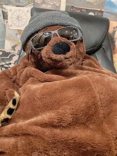 a brown teddy bear wearing sunglasses and a hat on top of a couch covered in a blanket