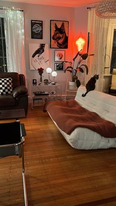 a cat sitting on top of a bed in a living room next to a window