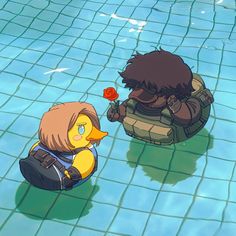 two cartoon characters sitting on the ground in front of a swimming pool with one holding a flower