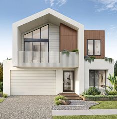 a two story house with white siding and brown shutters