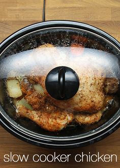 the slow cooker chicken is ready to be cooked in the oven and put into an air fryer