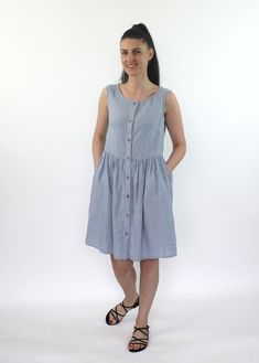 Handmade 100% MaTuTu Linen Style ruffle summer dress with pockets and wooden buttons. *100% local medium weight linen *Suitable for maternity *Each item is individually cut and sewn by order *The model is wearing size S, dress color - light blue *The model's height is 168 cm *Note that colors may look different on your display depending on their settings and technical characteristics. Please let us know if you need different measurements or colors. If you send me your measurements, I would try m Summer Dress Linen, Linen Loose Dress, Pink Linen Dress, Ruffle Summer Dress, Short Sleeve Linen Shirt, Boho Inspiration, Mid Calf Dresses, Summer Linen Dresses, Blue Sleeveless Dress