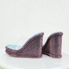 Brand New Gorgeous Sparkling Purple Rhinestone Platform Wedge Heels Clear Toe Strap Slip On Design 4.5" Heels Approx. Cape Robbin Design Glamorous Synthetic Wedge Sandals With Rhinestones, Glamorous Rhinestone Wedge Sandals, Glamorous Rhinestone Synthetic Wedge Sandals, Party Wedge Heel Sandals With Rhinestones, Party Wedge Sandals With Rhinestones, Evening Wedge Sandals With Rhinestones And Round Toe, Silver Wedge Sandals With Rhinestones, Silver High Heel Wedge Sandals With Rhinestones, Silver Rhinestone Wedge Sandals