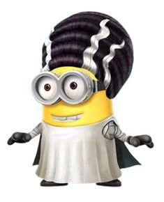 a cartoon minion dressed as a woman with long hair and glasses on her head