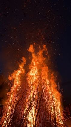 a large bonfire with lots of sticks sticking out of it's sides at night