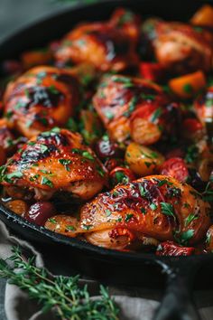 Roasted chicken thighs with herbs and vegetables in a skillet. Gourmet Buffet Ideas, Florida Thanksgiving, Zucchini Side Dishes, Main Dish Casseroles, Paleo Recipes Dessert, Gourmet Dinner, Homecooked Meals, Moroccan Food