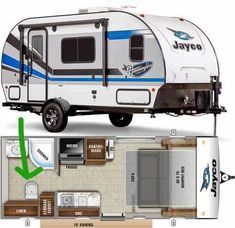 the jayco travel trailer is shown with an arrow pointing to it