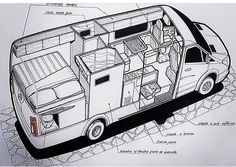 a drawing of the interior of a van