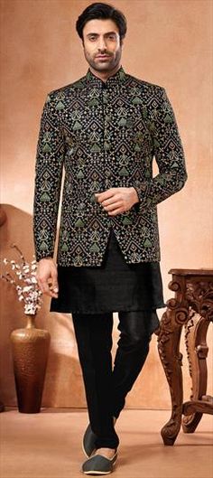 Black and Grey color Jodhpuri Suit in Banarasi Silk fabric with Embroidered, Thread work Traditional Black Bandhgala With Chikankari Embroidery, Black Chikankari Chanderi Sherwani, Black Designer Wear Sets With Motifs, Black Sherwani With Chikankari Embroidery, Black Chikankari Embroidered Sherwani, Black Chikankari Embroidery Sherwani, Black Embroidered Fabric For Designer Wear During Eid, Multicolor Chanderi Sherwani For Designer Wear, Designer Multicolor Chanderi Sherwani