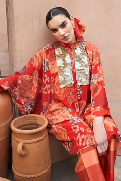 Red shirt tunic with all over Moroccan floral prints, elevated with sequin coin placket. Paired with a stripe print pant. - Aza Fashions Crepe Stand, Tunic With Pants, Floral Stand, Stand Collar Shirt, Print Pant, Pant For Women, Tunic Pattern, Floral Print Shirt, Red Shirt