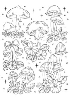 a coloring page with mushrooms and flowers