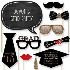 graduation photo booth props with glasses and mustaches