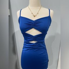 Model Using A Small. Blue Mini Dress With Spaghetti Straps For Homecoming, Blue Spaghetti Strap Mini Dress For Homecoming, Summer Royal Blue Bodycon Dress For Night Out, Blue Spaghetti Strap Homecoming Mini Dress, Royal Blue Bodycon Dress For Summer Night Out, Blue Sleeveless Bodycon Dress For Homecoming, Blue Spaghetti Strap Mini Dress For Club, Sleeveless Blue Bodycon Dress For Homecoming, Blue Spaghetti Strap Dress For Club